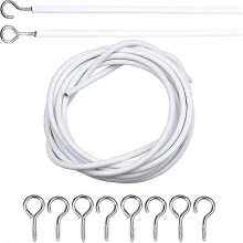 (As show, One size) 2m White Curtain Cable Curtain Wire Curtain Rope with 4 Pairs Hooks and Eyes Curtain Rod Cord Cable for Hanging Curtains