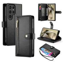 (Black,Multicolor)DF-011 For Samsung Galaxy S25 Ultra Case Zipper Pocket Wallet Leather Phone Cover with Straps - Blue