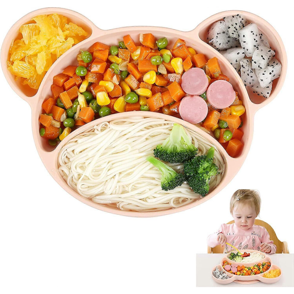(As show, One size) Baby Suction Cup Plate (Pink), Non-Slip Silicone Baby Plate Baby Bowl Suction Cup Silicone Tableware with Compartments Dishwasher