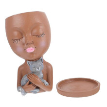 Small Succulent Pots Resin Cat Cactus Planter with Drainage And Decorative Tray for Indoor And Outdoor Use 1Set