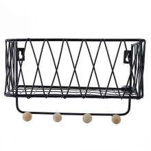 (As show, One size) Wall Mounted Iron Storage Rack Shelf with Hooks for Home Living Room Bedroom (Black)