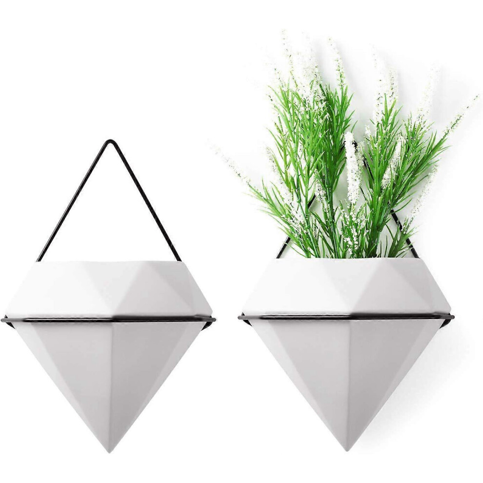 (As show, One size) Pot Mural en Cramique Support Plantes Mural Pots Fleur Lot de 2 - Forme de Diamant Blanc, Pot Suspendus Hexagonal pour Alos Herbe-image-OPC-PHNFD2P-NEW
