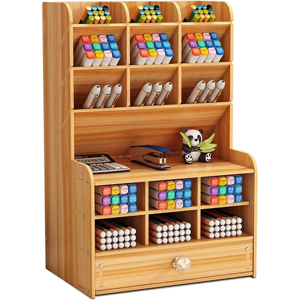 (As show, One size) Upgraded Wooden Pencil Holder, Pen Organizer for Desk with 15 Compartments + Drawer, Desktop Stationary Storage Organizer Caddy-image-OPC-PHNFDCH-NEW