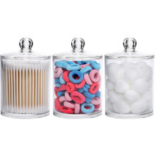 (As show, One size) 3 Pack Cotton Swab Ball Pad Holder, 12 Oz Qtip Apothecary Jar Clear Makeup Organizer, Bathroom Containers Dispenser