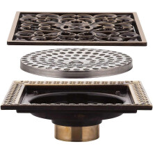 (As show, One size) Antique brass square shower drain with floral cover and high flow rate.