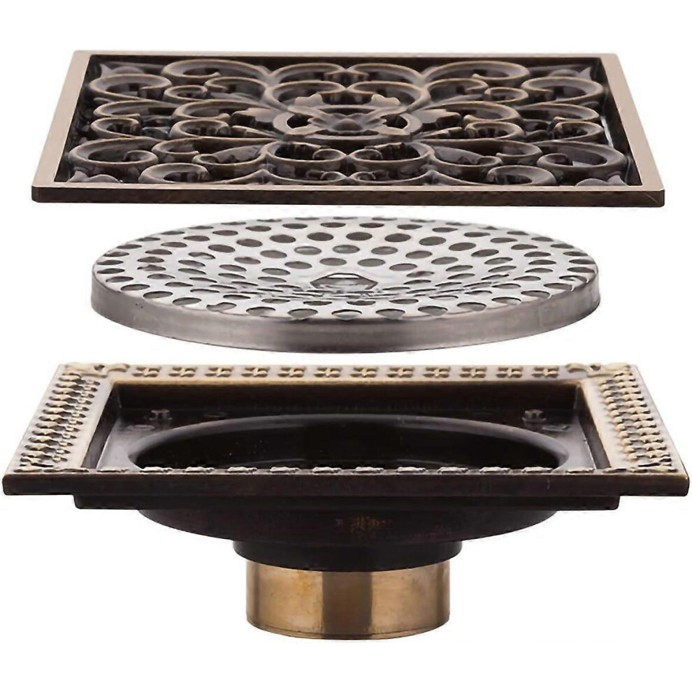 (As Show, One Size) Antique Brass Square Shower Drain With Floral Cover And High Flow Rate. 4702433040962