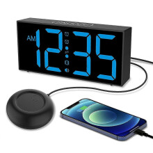 Vibrating alarm clock for heavy sleepers, loud sound, large digits, 5 brightness settings (black and blue)