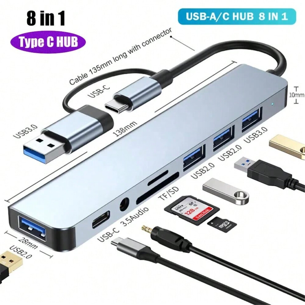 (8 In1 Hub Usb A C) 8 In 1 Port Usb C Expander Usb 3 Hub Type C Splitter Type C Dock Multiport Adapter Usb Expander For Xiaomi Phone Tablet 7605231735092