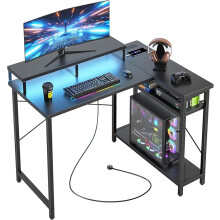 L Shaped Gaming Desk with LED Lights & Power Outlets, 105.5x80cm ,Reversible Corner Desk with Monitor Stand for Home Office, Study, Play,