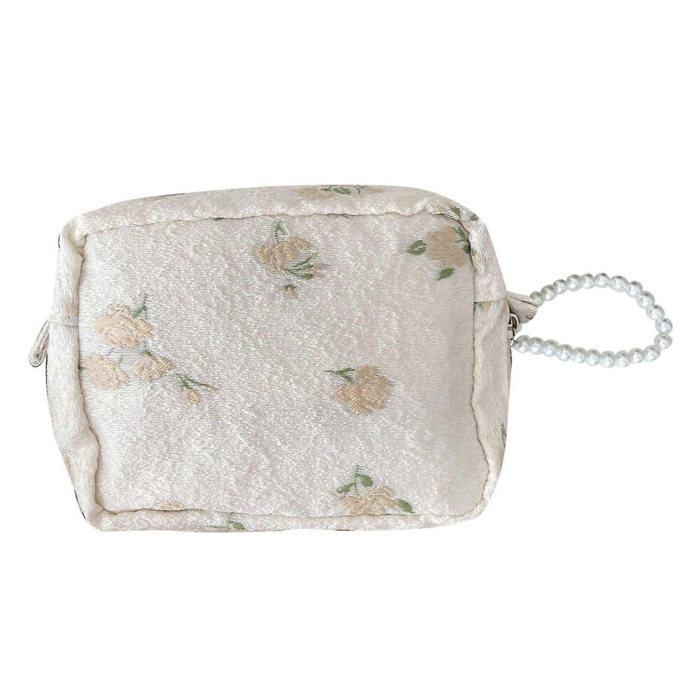 Furtalk Beige (As Show, One Size) Cosmetic Bag With Pearl Pendant Portable Zipper Makeup Bag Multifunction Fashionable Casual Make Up Pouch Apricot Floral