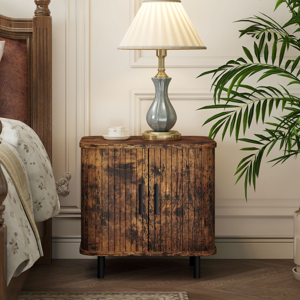 (Brown) HOMCOM Nightstand with Sliding Doors and Metal Legs