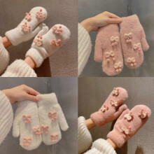 (As show, One size) Fuzzy Knitted Mittens Plush Mitten Full Finger Gloves Winter Bowknots Glove