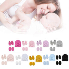 (Taro pink, One size) Baby Bowknot Hat No Scratch Gloves Foot Cover Set Infants Soft Cotton Mittens Beanies Cap Socks Kit for Newborn Todddles