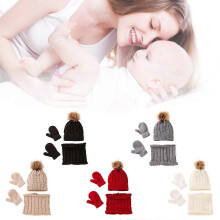 (Gray, One size) Winter Warm Baby Solid Color Hat Gloves Scarf Set Fur Ball Beanies Cap Mitten Scarves Kit for Toddler Girls Boys Knitted Hemming Hat