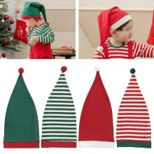 (Red, One size) Christmas Knit Santa Hat with Pompom Decor for Children Striped Hat