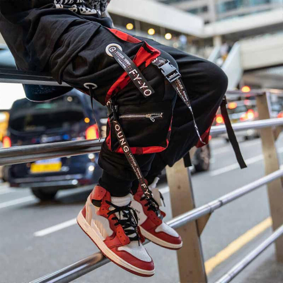 (S, One size) Men Hip Hop Cargo Pants Multi Pockets Ribbon Baggy Loose Harem Jogger Sweatpants-image-OPC-PHNJSWZ-NEW