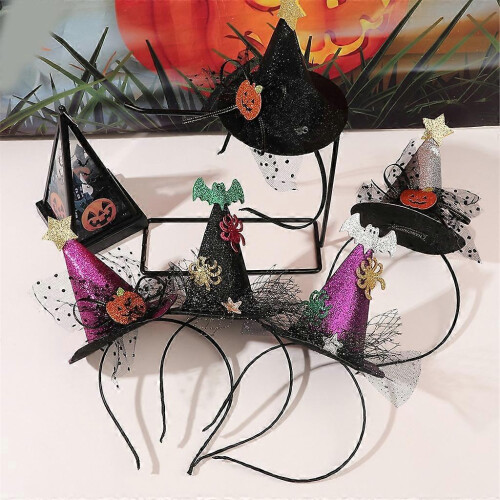 (C, One size) Cute Mini Cone Hat Wizard Hat Pumpkin Sequins Witch Hat Headband Non-Slip 1