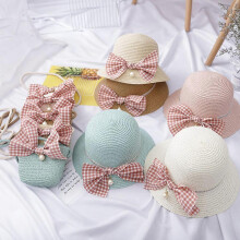 (Beige, One size) Lightweight Straw Weaving Bucket Hat Soft Fisherman Hat for Kids Crossbody Bag