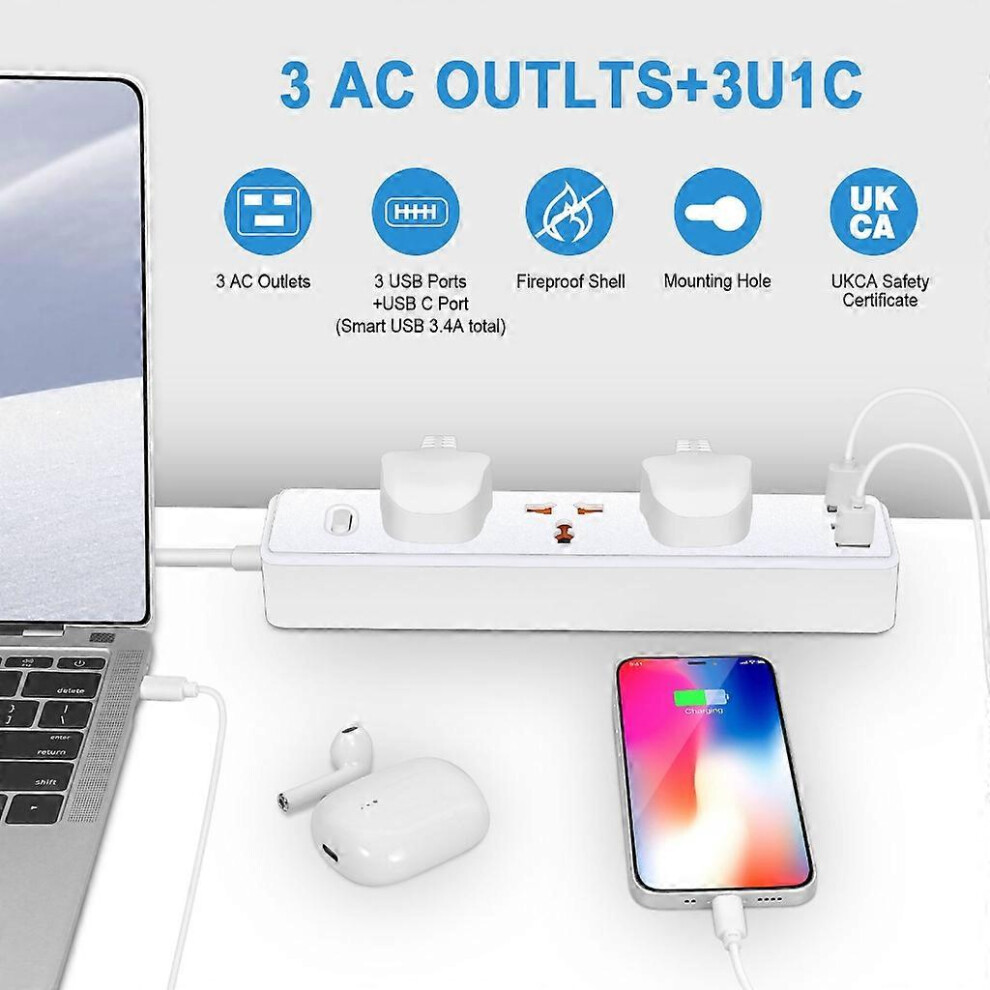 (As show, One size) Wall Socket 3pcs AC-Outlets 3x USB Ports Surge Protectors 6-in-1 Power Strip