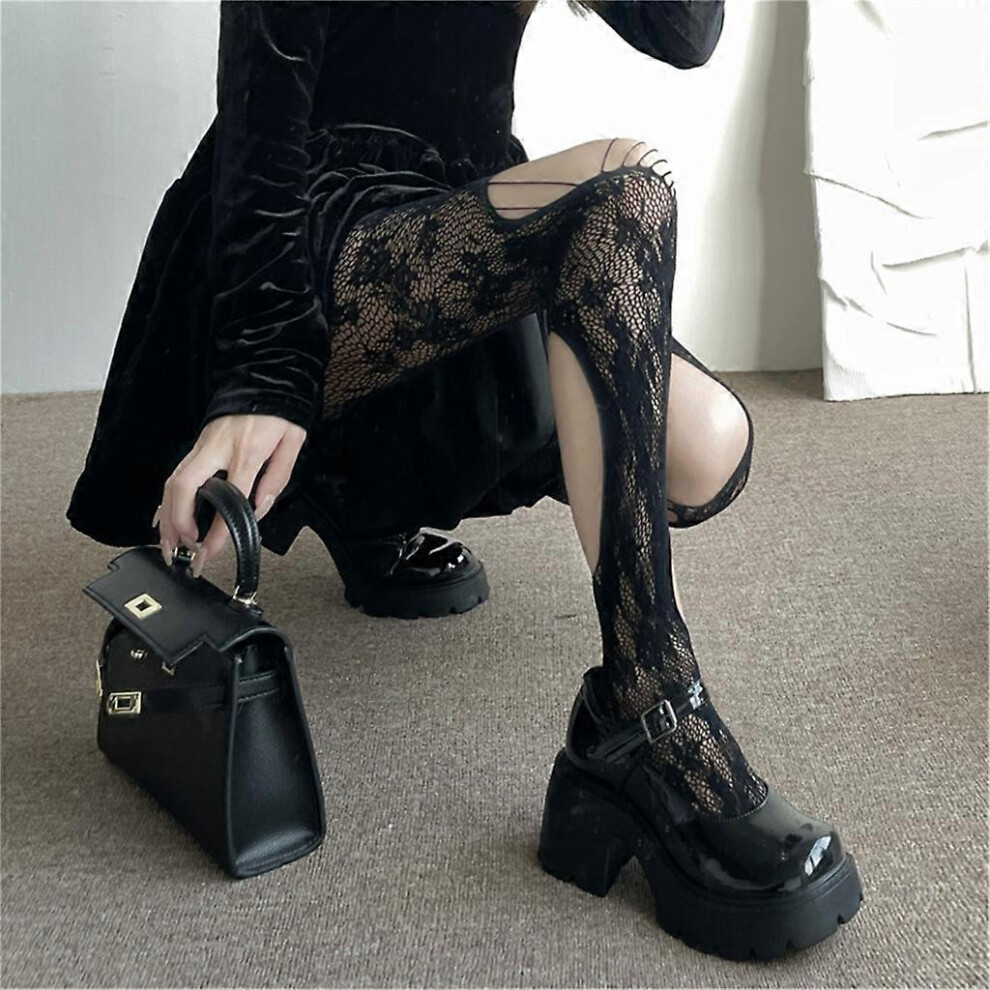 Furtalk (As Show, One Size) Women Harajuku Fishnet Mesh Tights Rose Flower Jacquard Ripped Holes Stockings