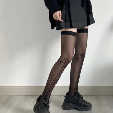 (As show, One size) Women Lolita Thin Black Thigh High Stockings Fake Lace-Up Bowknot Print Socks