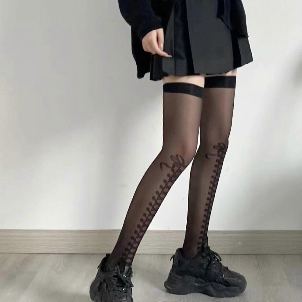 Furtalk Black (As Show, One Size) Women Lolita Thin Thigh High Stockings Fake Lace-Up Bowknot Print Socks
