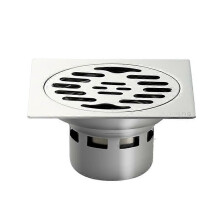 (As show, One size) Masonry floor drain 12x12 cm with horizontal outlet and chrome design stainless steel grille, Silver