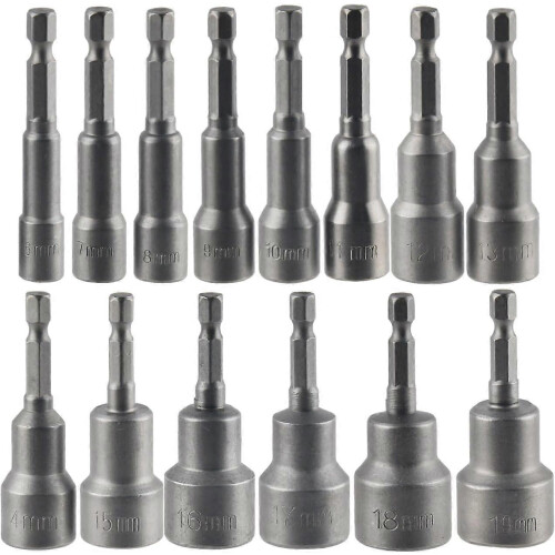 (As show, One size) Magnetic Hex Socket 14Pcs Impact Driver Socket 6-19mm, Magnetic Hex Socket Wrench Socket Set Magnetic 1/4 Hex Socket Socket Adapter Tool 1