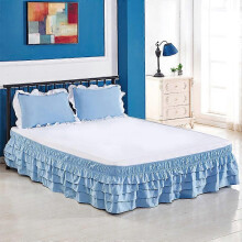 (As show, One size) Four-layer bed skirt, (blue,Queen 150*200+45cm) Princess multi-layer bed skirt Bed skirt four-layer pleated elastic bed apron