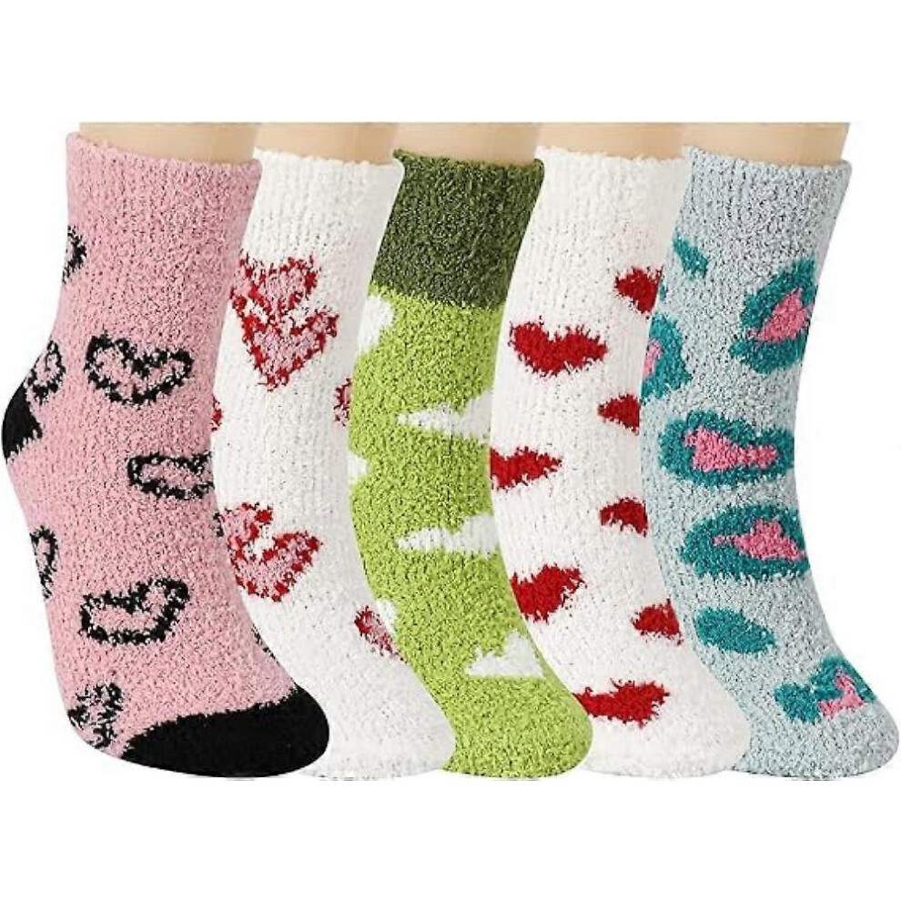 (As show, One size) 5 Pairs Women Fluffy Socks, Coral Fleece Socks Novelty Breathable Socks Love Pattern Socks Comfortable Socks Slipper Socks Soft So