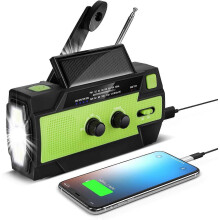 (As show, One size) Green Portable Hand Crank Solar Radio Rechargeable Dynamo Radio with AM/FM/WB Built-in 4000mAh Rechargeable Battery 4 Modes LED Flashlight SOS Alarm f