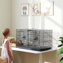 (Black) PawHut Bird Cage with Divider, 4 Wooden Perches, Slide Out Tray