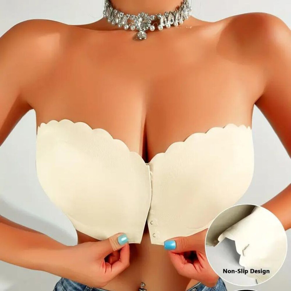 (beige, S) Women's Front Buckle Bra Sexy Strapless Underwear Seamless Invisible Waves Grain Bras Wireless Comfort One-piece Smooth Bralette