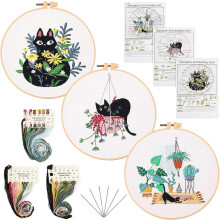 (As show, One size) 3 Embroidery Starter Kit, Embroidery Threads Kit, Embroidery Beginner Tool for Adults with Embroidery Hoops Embroidery Threads Fabric and Embroidery T