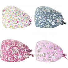 (As show, One size) 4 Pieces Bouffant Caps with Buttons Adjustable Headband Work Caps Cotton Turban Printed Beanie Unisex Hats