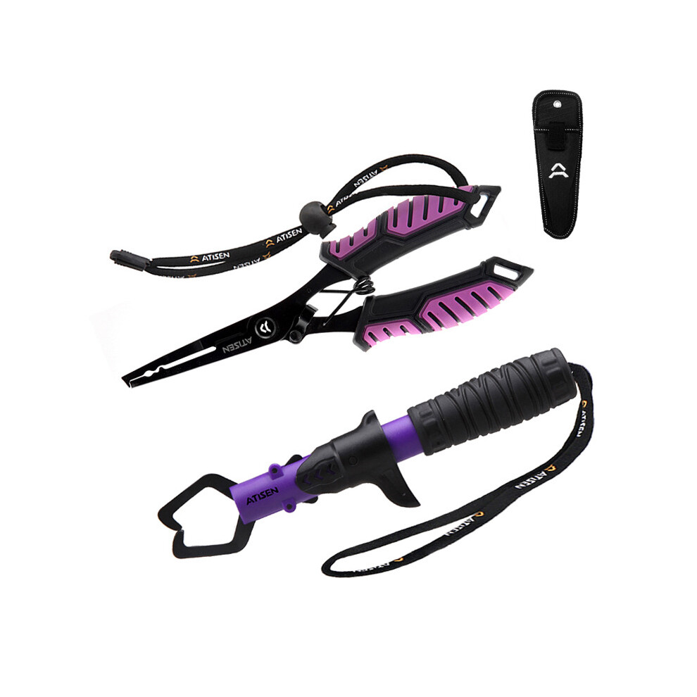 (Purple and black) Fishing Pliers and Fish Gripper Set – 2PCS Stainless Steel Lure Tool Kit for Outdoor Angling