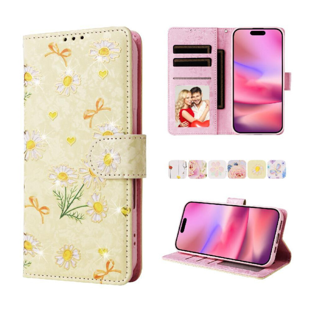 (C3 ) Wallet Phone Case For Samsung Galaxy S25 Ultra Painted Flower 3 Card Slots 1 Bill Compartment Magnetic Closure Rfid Blocking Gold 764563621828