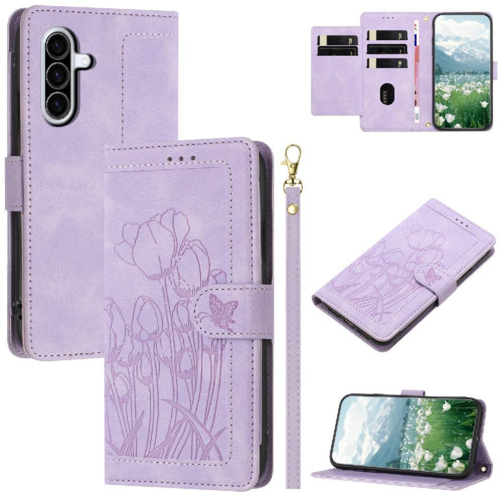 ( Violet) Fashion Wallet Case For Samsung Galaxy A56 Kickstand Pu Leather Tulip Embossed Flip Case Crossbody And Wrist Strap Magnetic Closure Light 764563621880