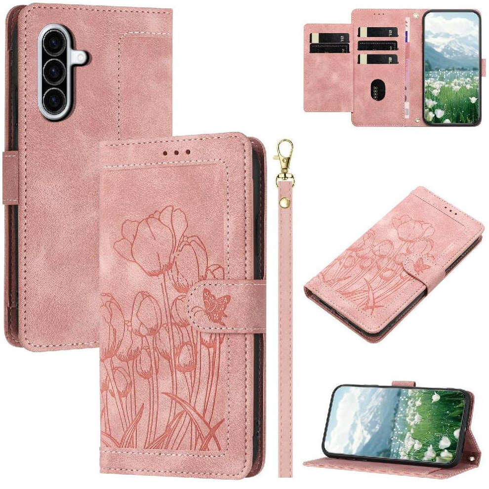 (Pink) Wallet Case For Samsung Galaxy A56 Pu Leather Wrist Strap Kickstand Magnetic Closure Tulip Embossed Flip Case Pink 764563621927