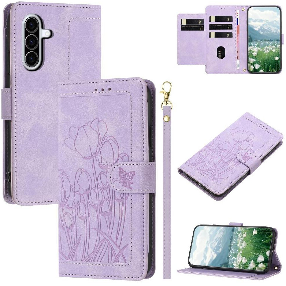 ( Violet) Wallet Case For Samsung Galaxy A56 Pu Leather Wrist Strap Kickstand Magnetic Closure Tulip Embossed Flip Case Light 764563621941