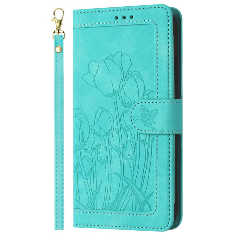 (Green) Wallet Case For Samsung Galaxy A56 Pu Leather Wrist Strap Kickstand Magnetic Closure Tulip Embossed Flip Case Green 764563621934