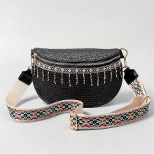 Schwarze Strohtasche im Ethno-Stil, bunte Perlen, Umhängetasche, Schultertasche, Brusttasche, Damen, Urlaub, Strandtasche