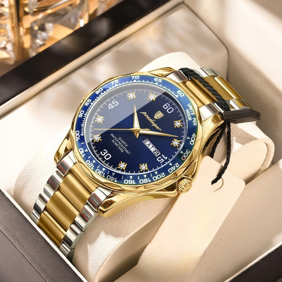 (Silver Gold Dark Blue Face) Mens Quartz Watches Man Calendar Watch Steel Waterproof Luminous Wristwatches New-image-OPC-PHNQRT5-NEW