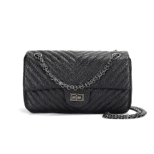 Bolso bandolera con cadena en forma de V de piel negra para mujer, estilo temperamento moderno.