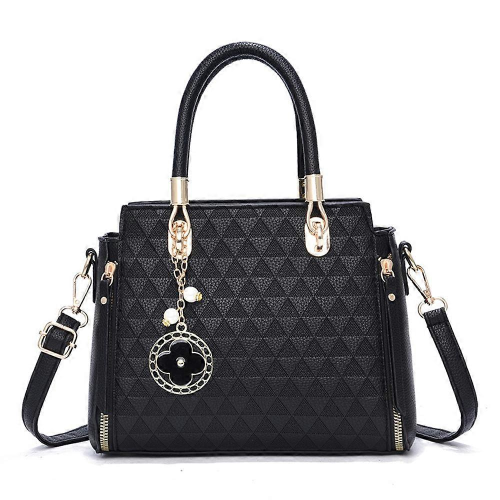 Borsa a mano nera da donna, grande, con tracolla e ciondolo a forma di fiore, moda 1
