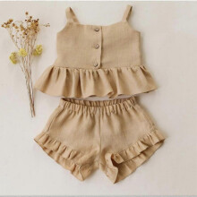 (90 18-24M, Beige) New Baby Girl Suits Summer Clothes Tops+Shorts Vest Harness Falbala Cotton Linen Solid Color Outfits Bebe Infant Clothing Sets