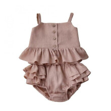 (90 18-24M, Dusty Pink) New Baby Girl Suits Summer Clothes Tops+Shorts Vest Harness Falbala Cotton Linen Solid Color Outfits Bebe Infant Clothing Sets