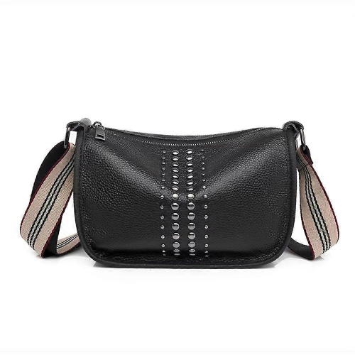 Bolsa de ombro feminina de couro sintético com alça larga e rebite da moda 1