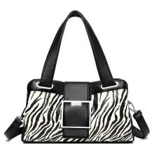 Bolsa feminina preta de couro macio com estampa de zebra e leopardo, bolsa de ombro grande com capacidade, fashion