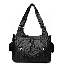 Bolsa de ombro preta feminina de couro lavado, bolsa de mão grande capacidade, novos modelos da moda